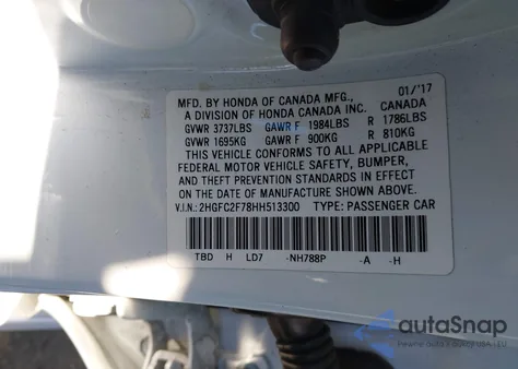 2017 Honda Civic Ex из США, поврежденный, VIN 2HGFC2F78HH513300